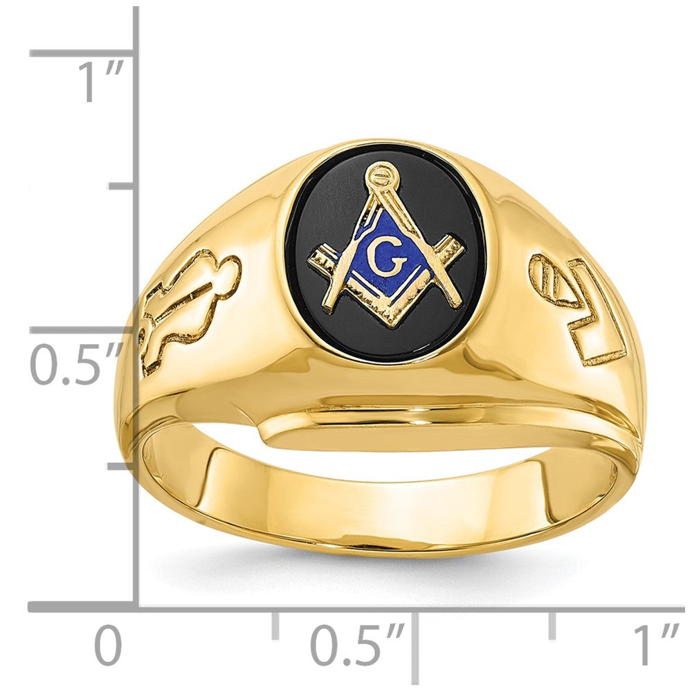 14K Gelbgold Herren-Siegelring poliert und geriffelt mit ovalem Onyx Blue Lodge Master Freimaurer-Ring