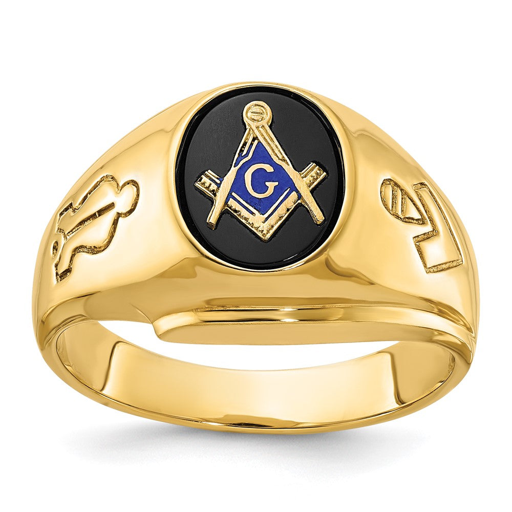14K Gelbgold Herren-Siegelring poliert und geriffelt mit ovalem Onyx Blue Lodge Master Freimaurer-Ring