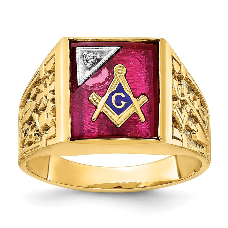 10K Bicolor Ibgoodman Herren Poliert und Strukturiert mit Im Labor Erzeugt Rubin Diamant Blau Lodge Master Freimaurer Ring