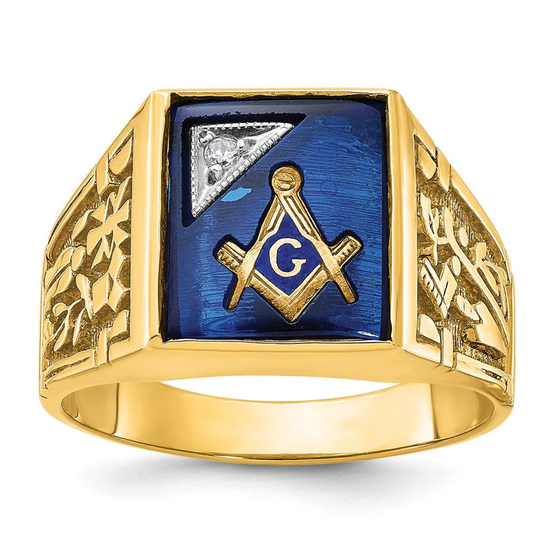 10K Bicolor Ibgoodman Herren Poliert und Strukturiert mit Im Labor Erzeugt Saphir Diamant Blau Lodge Master Freimaurer Ring