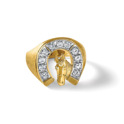 14K Bicolor-Gold Herren-Ring mit Pferd und Hufeisen, satiniert, mit 0,75 ct. Diamant