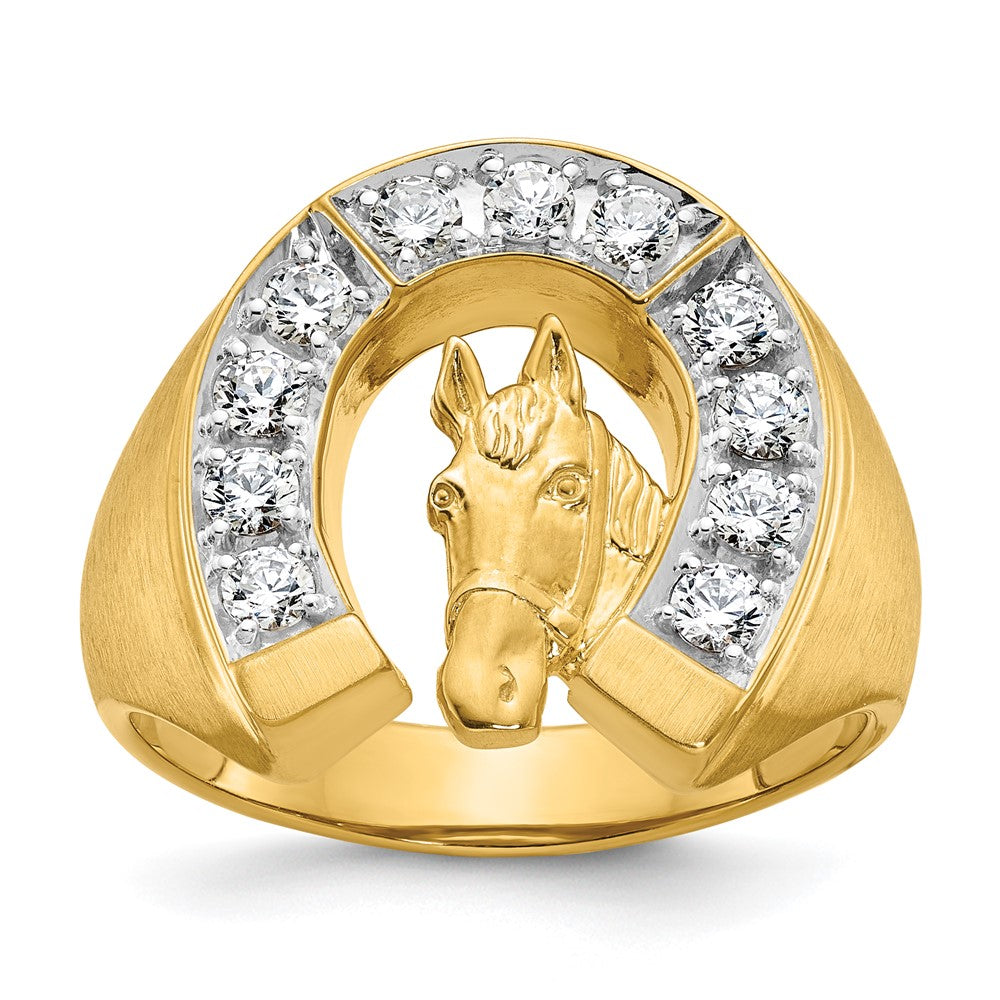 14K Bicolor-Gold Herren-Ring mit Pferd und Hufeisen, satiniert, mit 0,75 ct. Diamant