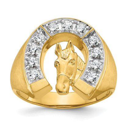 14K Bicolor-Gold Herren-Ring mit Pferd und Hufeisen, satiniert, mit 0,75 ct. Diamant