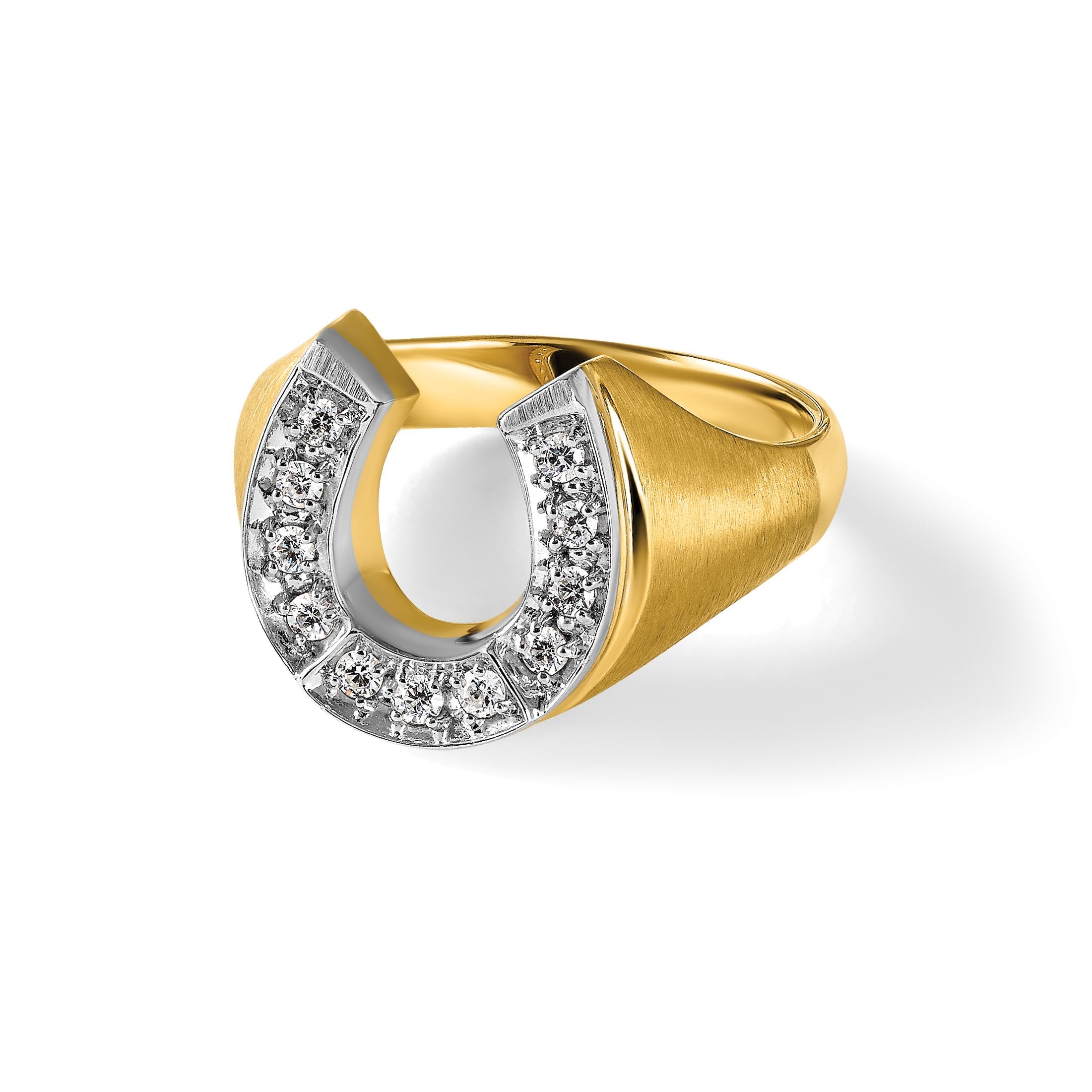14K Bicolor Gold Herren Hufeisen-Ring mit Satinfinish und 0,2K Diamanten, komplett besetzt