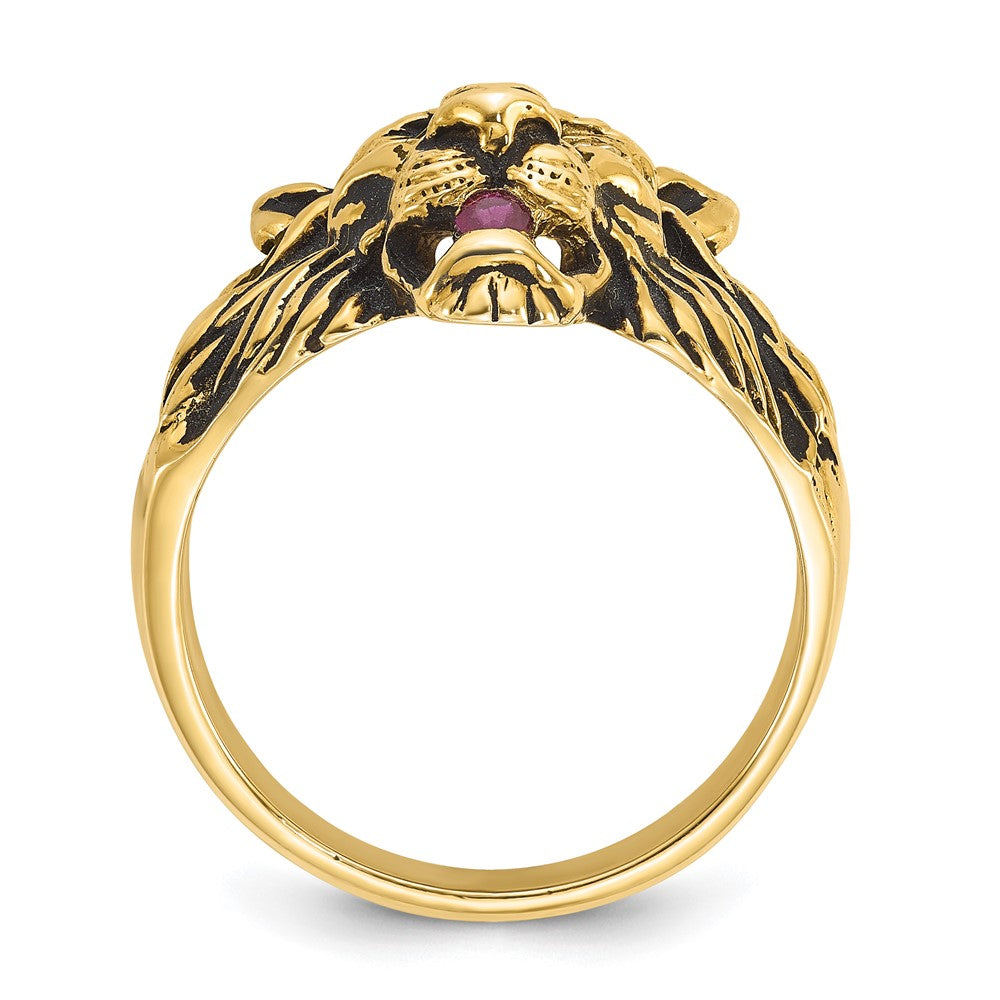 14K Gelbgold Herren-Ring mit 0,05K Diamant und Rubin, Löwe im Antik-Design