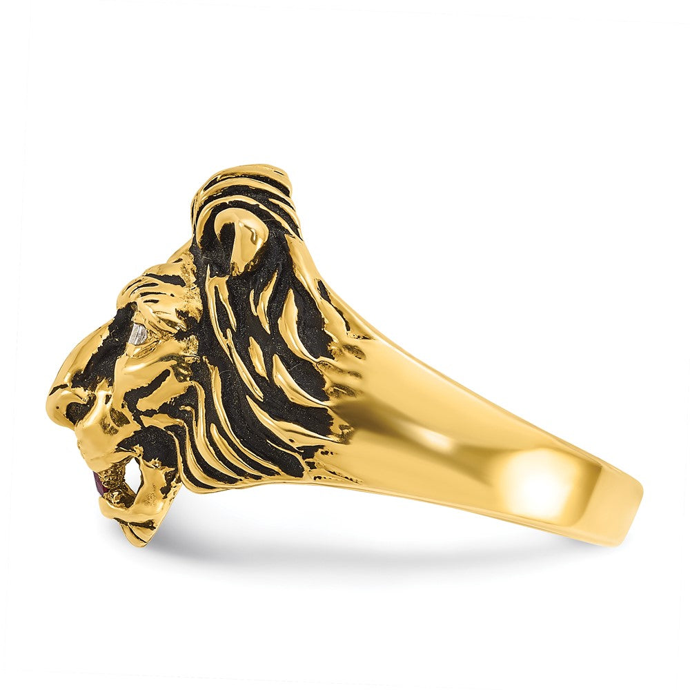 14K Gelbgold Herren-Ring mit 0,05K Diamant und Rubin, Löwe im Antik-Design