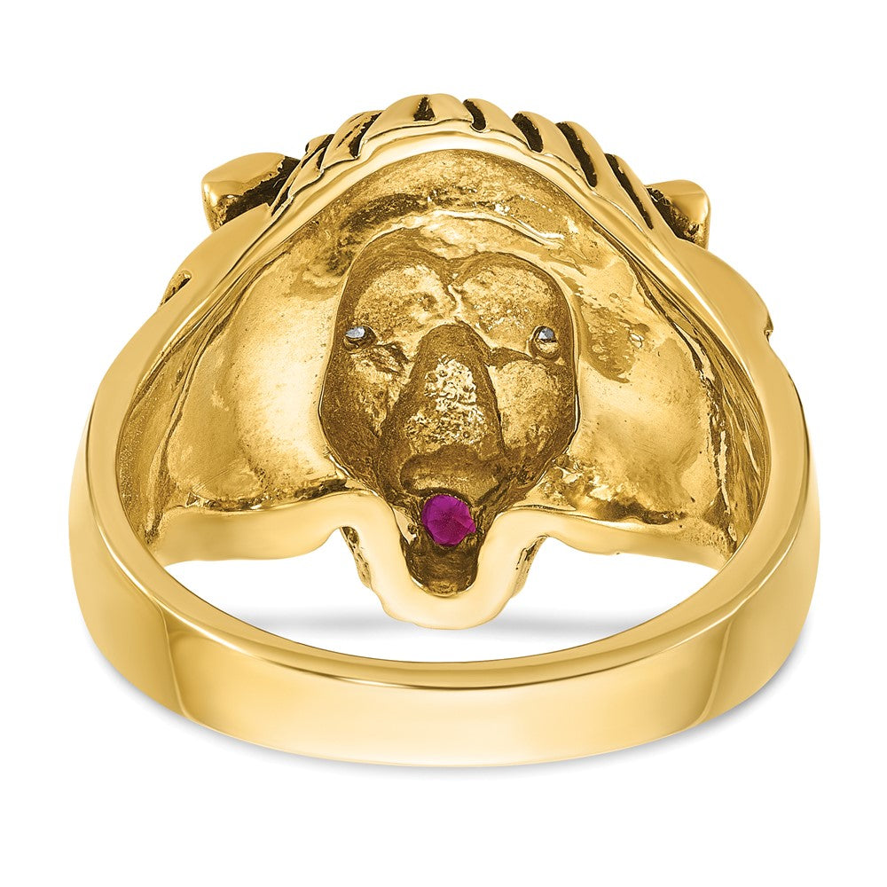 14K Gelbgold Herren-Ring mit 0,05K Diamant und Rubin, Löwe im Antik-Design