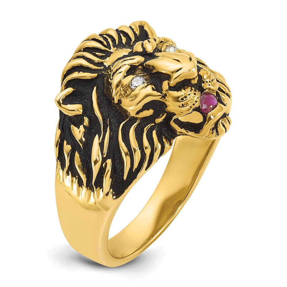 14K Gelbgold Herren-Ring mit 0,05K Diamant und Rubin, Löwe im Antik-Design