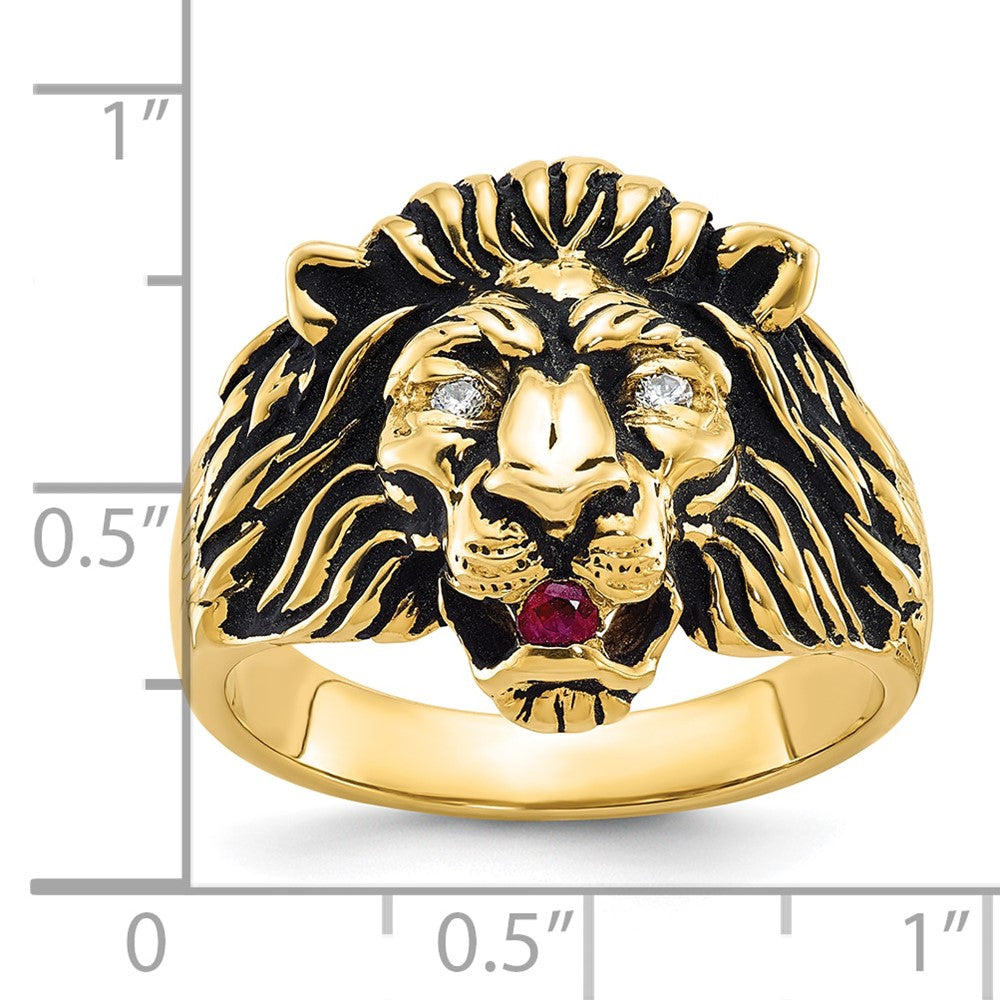 14K Gelbgold Herren-Ring mit 0,05K Diamant und Rubin, Löwe im Antik-Design