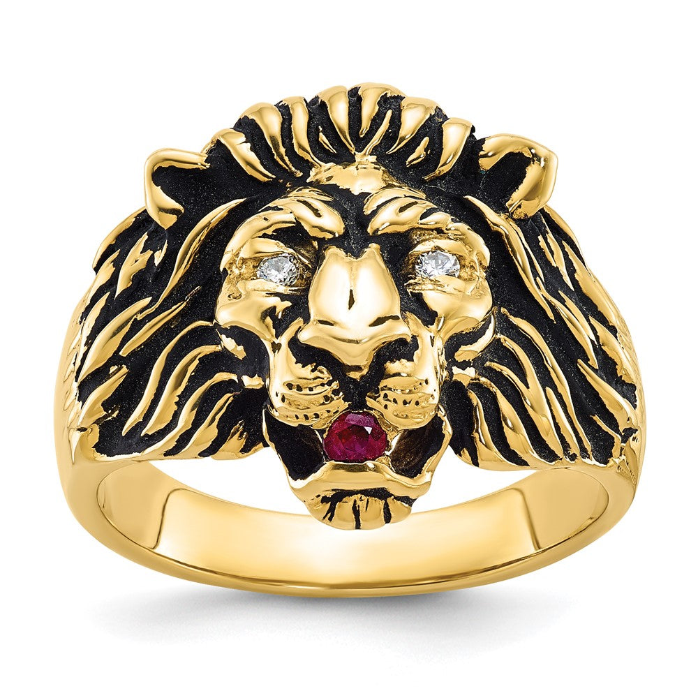 14K Gelbgold Herren-Ring mit 0,05K Diamant und Rubin, Löwe im Antik-Design
