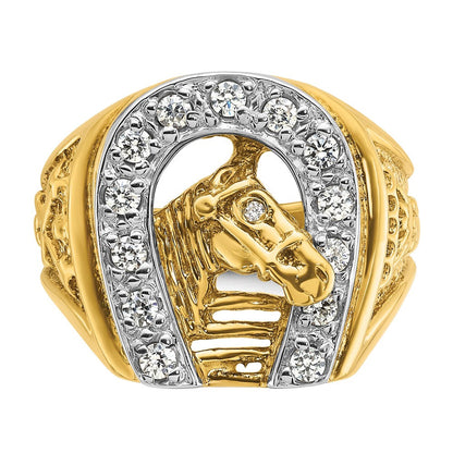14K Bicolor Gold Herren-Ring mit Pferd und Hufeisen und 0,5 ct. Diamant