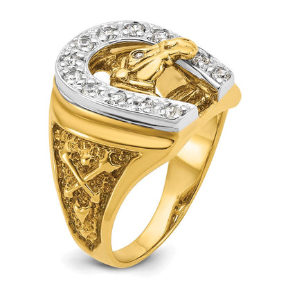 14K Bicolor Gold Herren-Ring mit Pferd und Hufeisen und 0,5 ct. Diamant