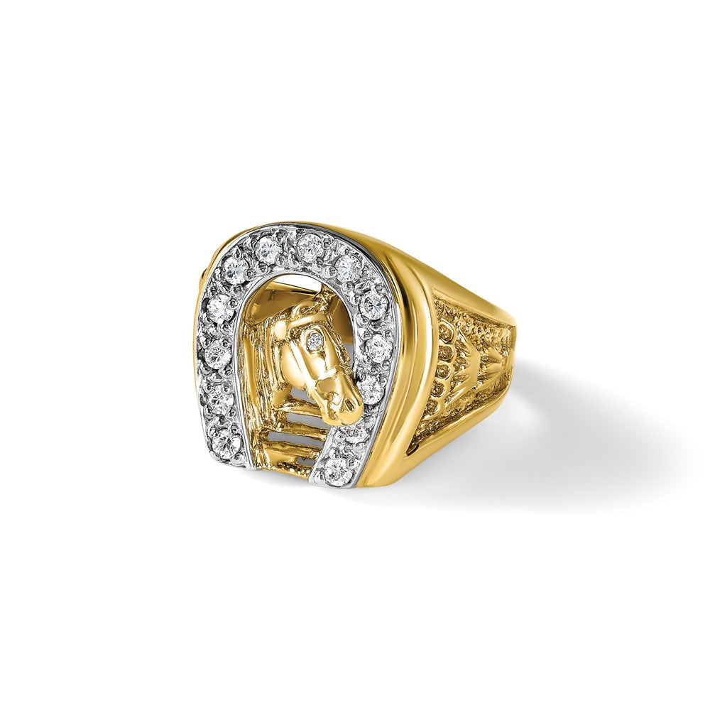 14K Bicolor Gold Herren-Ring mit Pferd und Hufeisen und 0,5 ct. Diamant