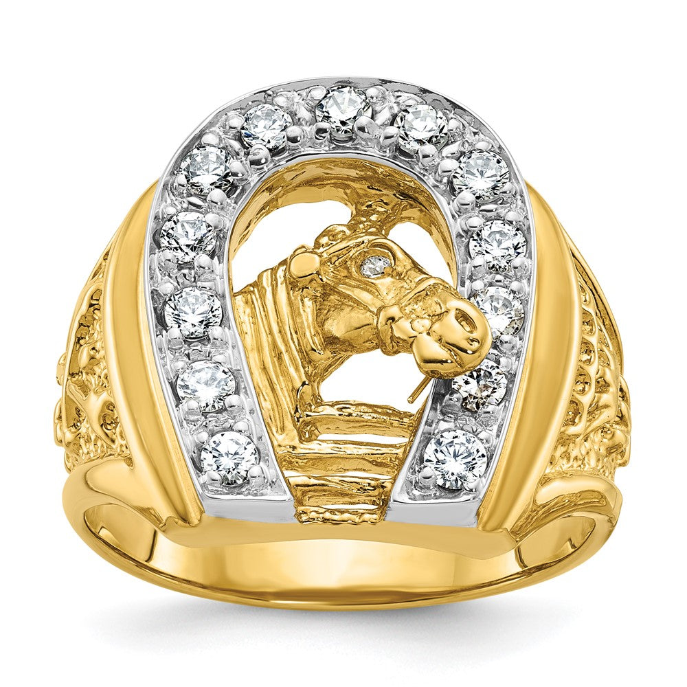 14K Bicolor Gold Herren-Ring mit Pferd und Hufeisen und 0,5 ct. Diamant