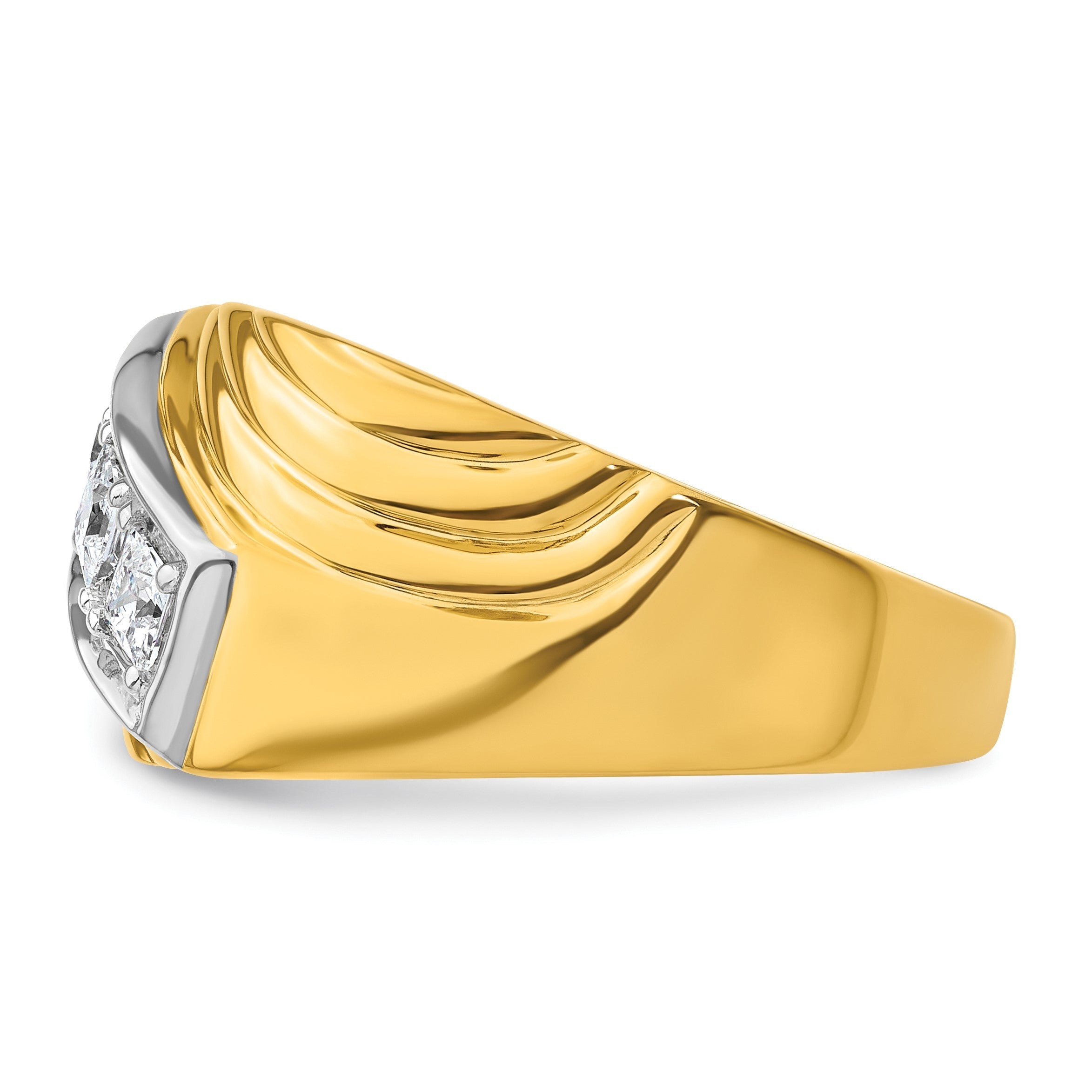 14K Gelb- und Rhodiumgold mit Weiß, Ring mit 0,5 ct. Laborgezüchtetem Diamant VS/SI+ G+, poliert und geriffelt, Drei-Stein-Herrenring