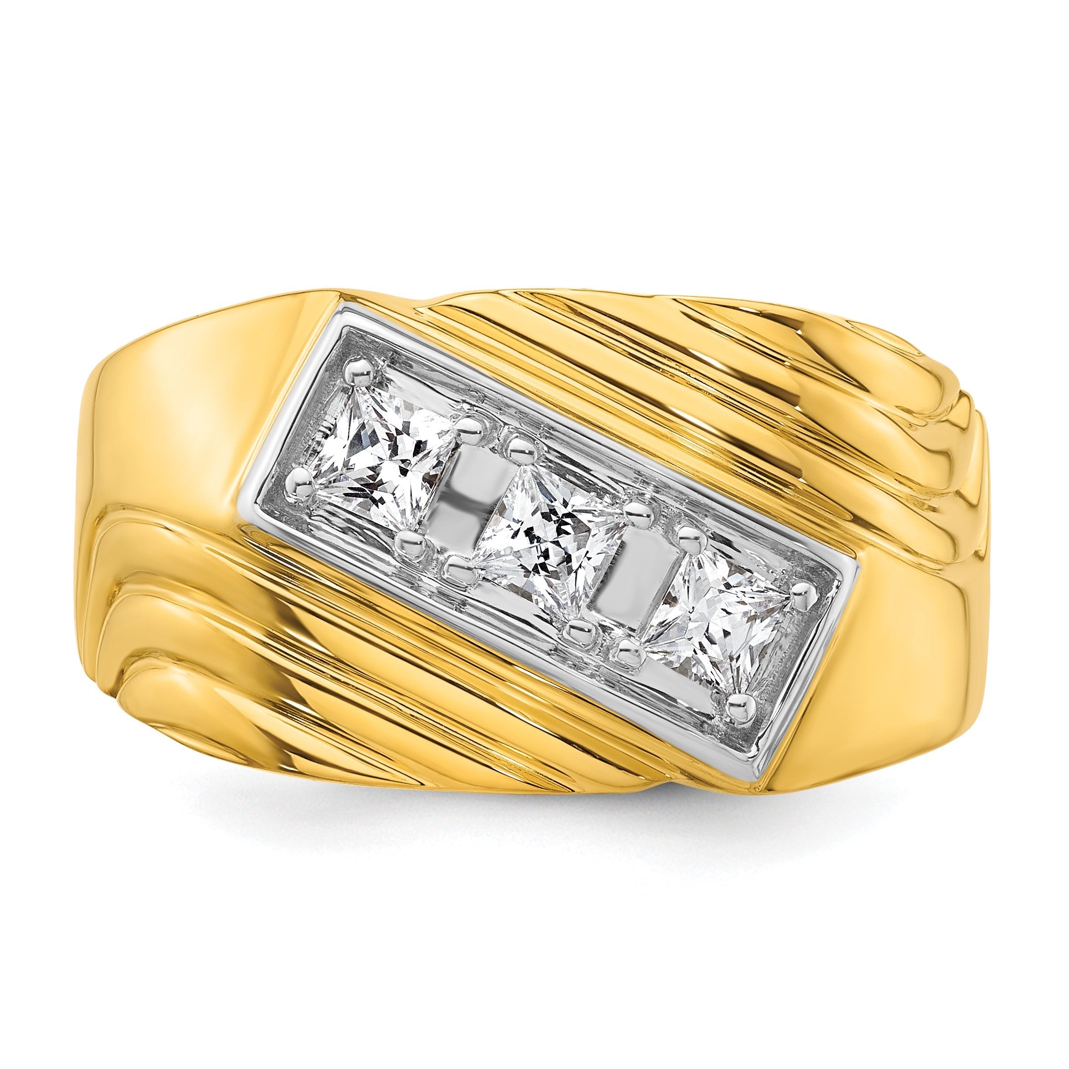14K Gelb- und Rhodiumgold mit Weiß, Ring mit 0,5 ct. Laborgezüchtetem Diamant VS/SI+ G+, poliert und geriffelt, Drei-Stein-Herrenring