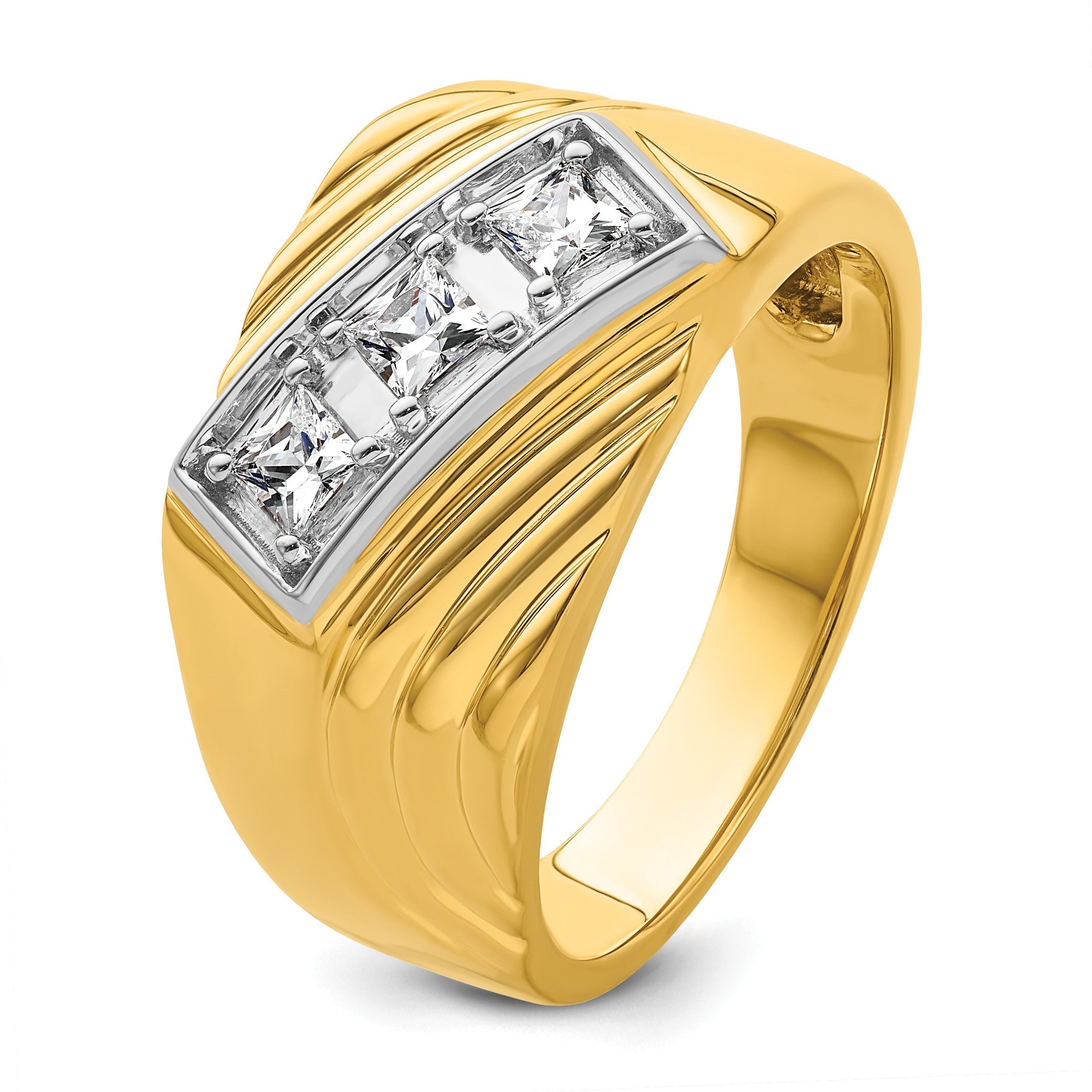 14K Gelb- und Rhodiumgold mit Weiß, Ring mit 0,5 ct. Laborgezüchtetem Diamant VS/SI+ G+, poliert und geriffelt, Drei-Stein-Herrenring