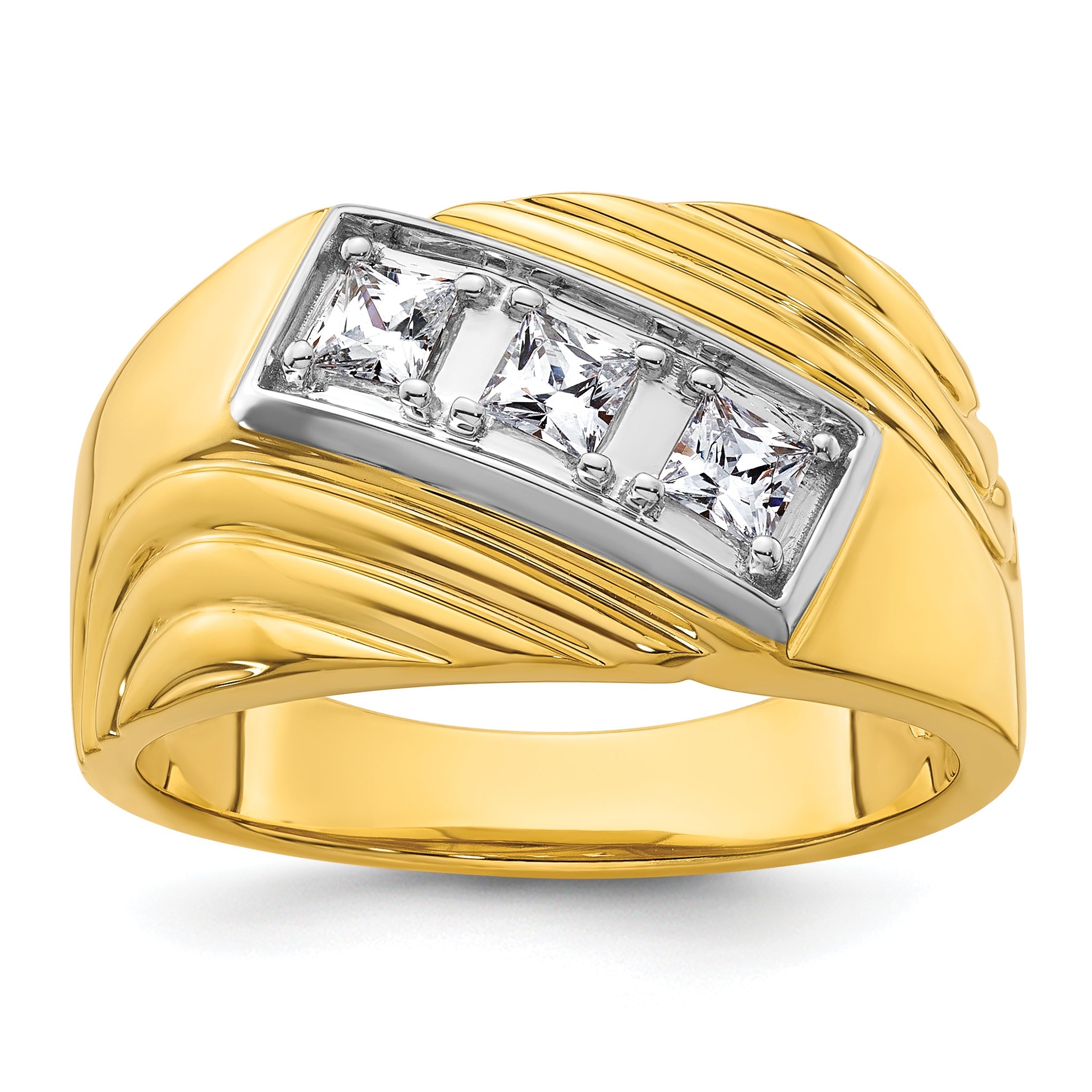 14K Gelb- und Rhodiumgold mit Weiß, Ring mit 0,5 ct. Laborgezüchtetem Diamant VS/SI+ G+, poliert und geriffelt, Drei-Stein-Herrenring