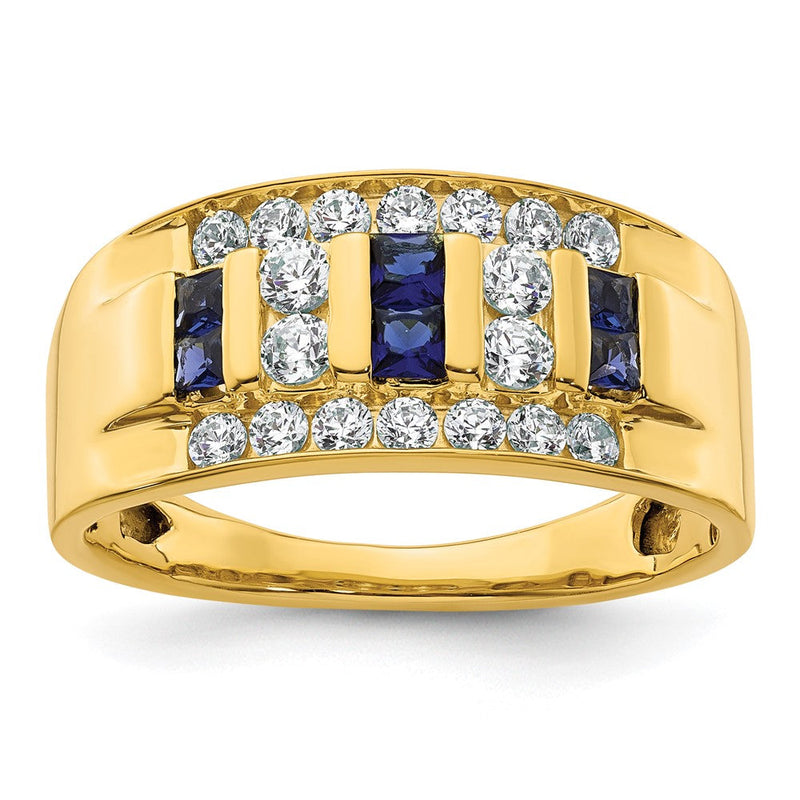 14K Gelbgold 1 1/4 Ct. Im Labor Gezüchtet Diamant Vs/si+ G+ und Im Labor Erzeugt Blau Saphir Herren Ring