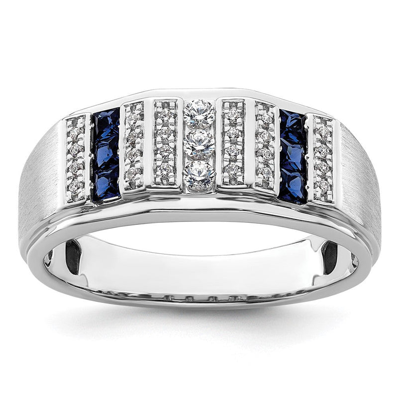 14K Weißgold 1/5 Ct. Im Labor Gezüchtet Diamant Vs/si+ G+ und Im Labor Erzeugt Blau Saphir Herren Ring