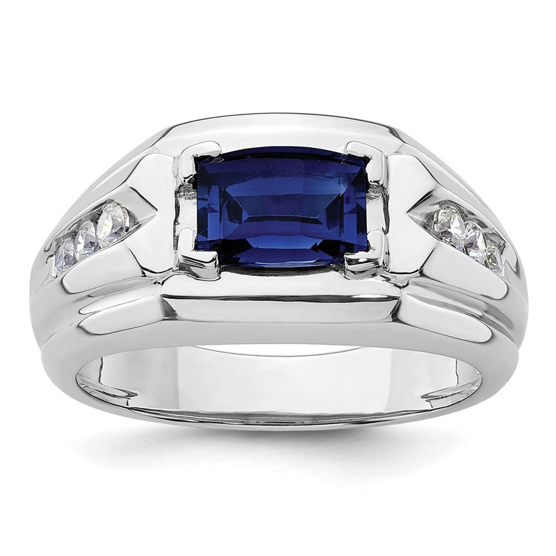 14K Weißgold 1/4 Ct. Im Labor Gezüchtet Diamant Vs/si+ G+ und Im Labor Erzeugt Blau Saphir Herren Ring
