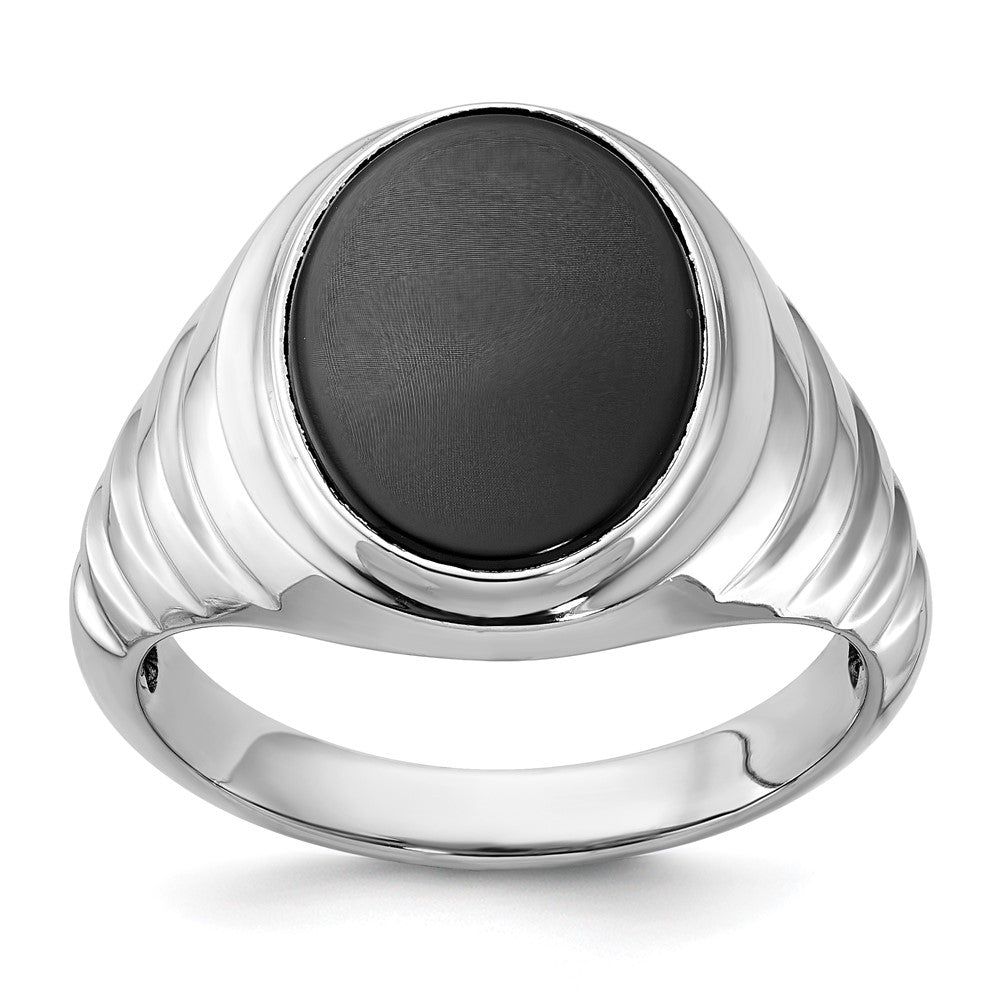 14K Weißgold Herren-Ring mit ovalem Onyx