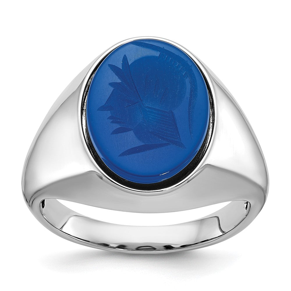 14K Weißgold Herren-Ring mit blauem Achat, komplett