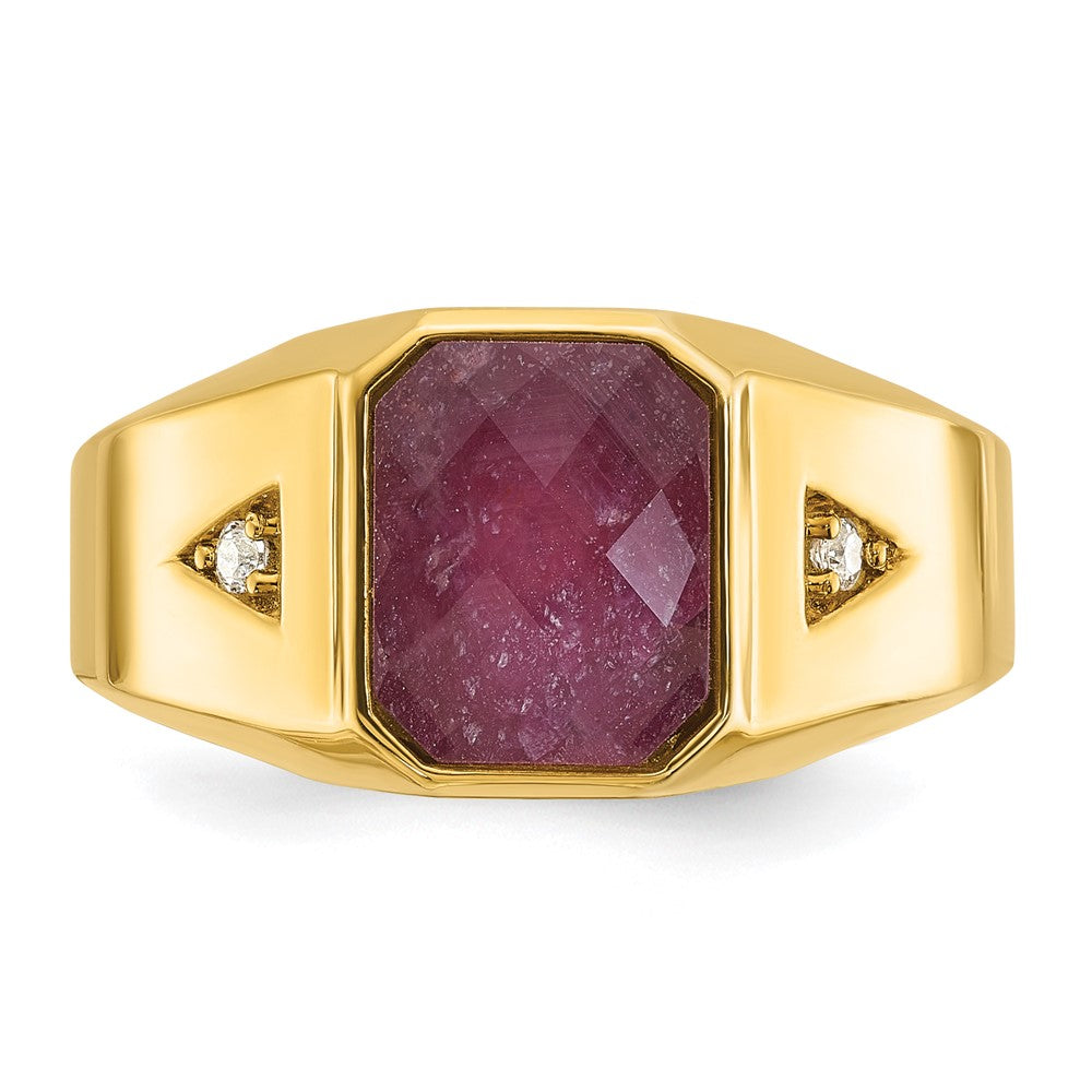 10K Gelbgold Ibgoodman Herren Erzeugt Rubin Doublet Stein und Diamant Komplett Ring