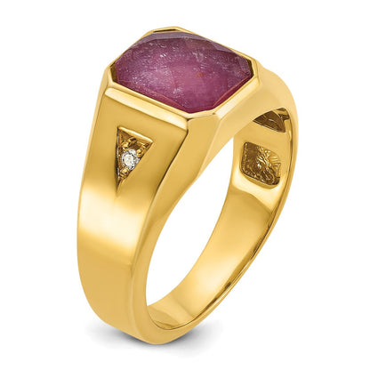 10K Gelbgold Ibgoodman Herren Erzeugt Rubin Doublet Stein und Diamant Komplett Ring