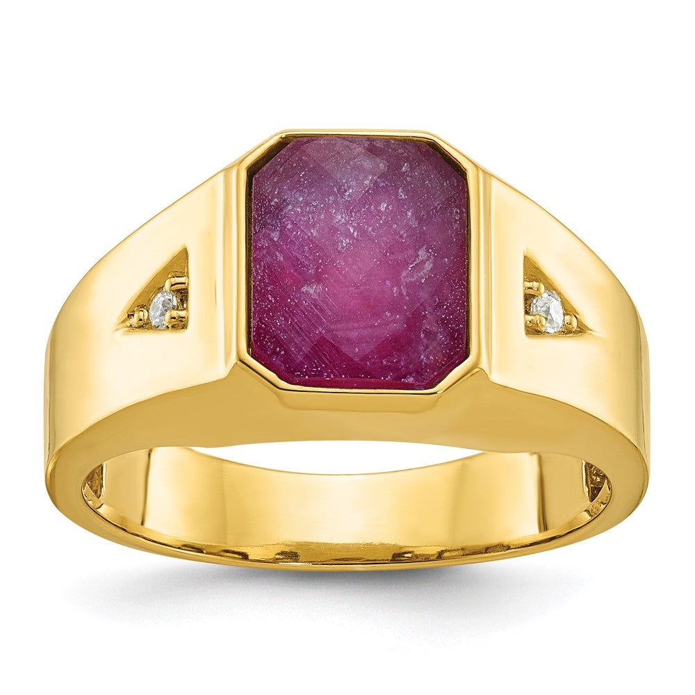 10K Gelbgold Ibgoodman Herren Erzeugt Rubin Doublet Stein und Diamant Komplett Ring