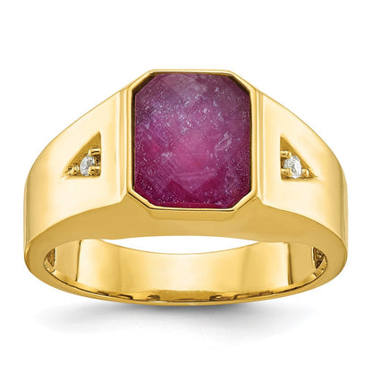 10K Gelbgold Ibgoodman Herren Erzeugt Rubin Doublet Stein und Diamant Komplett Ring