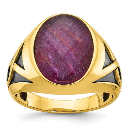 14K Gelbgold Ring mit Schwarzrhodinierung und Rubin-Dublett-Stein für Herren