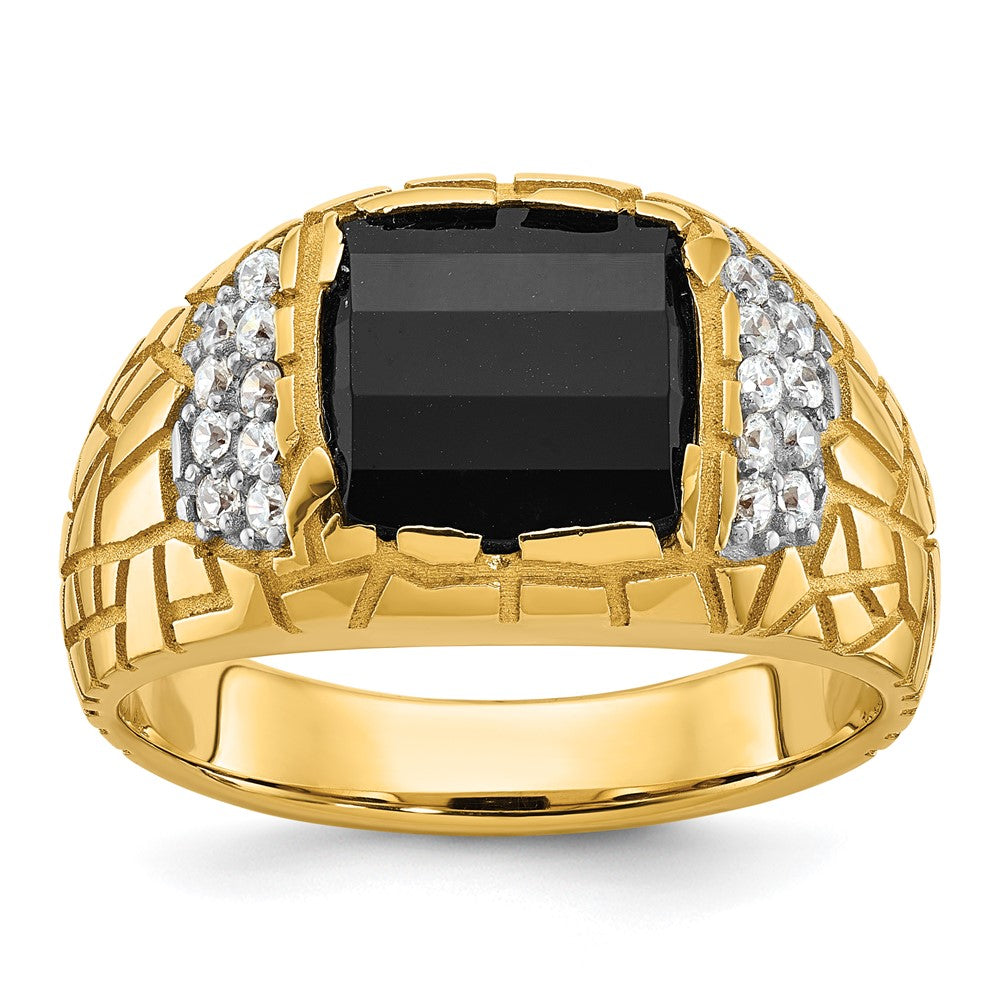 10K Gelbgold Ibgoodman Herren Poliert und Nugget Strukturiert Onyx 1/4 Karat A Qualität Diamant Ring