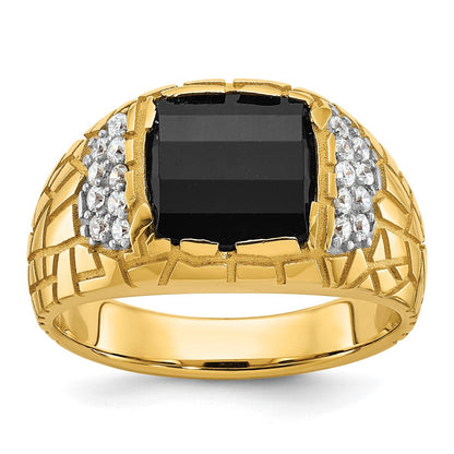 10K Gelbgold Ibgoodman Herren Poliert und Nugget Strukturiert Onyx 1/4 Karat A Qualität Diamant Ring