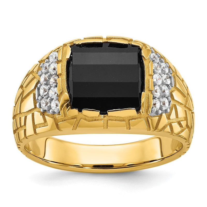 14K Gelbgold 1/4 Ct. Im Labor Gezüchtet Diamant Vs/si+ G+ und Onyx Komplett Nugget Herren Ring