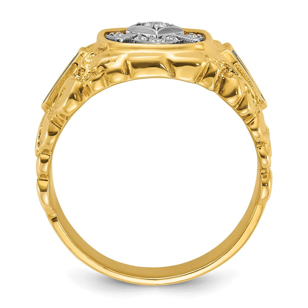 14K Bicolor-Gold Herren-Freimaurerring "Blue Lodge Master" mit poliertem und Nugget-strukturiertem Diamantbesatz