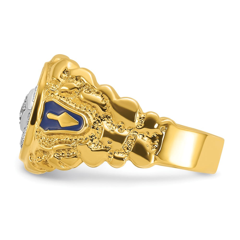 14K Bicolor-Gold Herren-Freimaurerring "Blue Lodge Master" mit poliertem und Nugget-strukturiertem Diamantbesatz