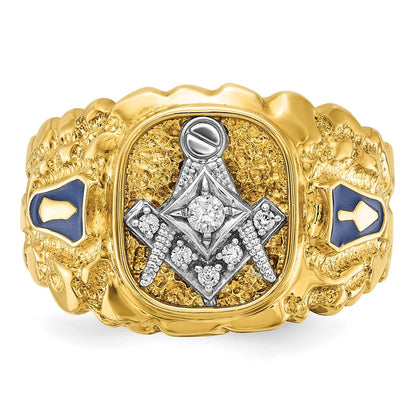 14K Bicolor-Gold Herren-Freimaurerring "Blue Lodge Master" mit poliertem und Nugget-strukturiertem Diamantbesatz