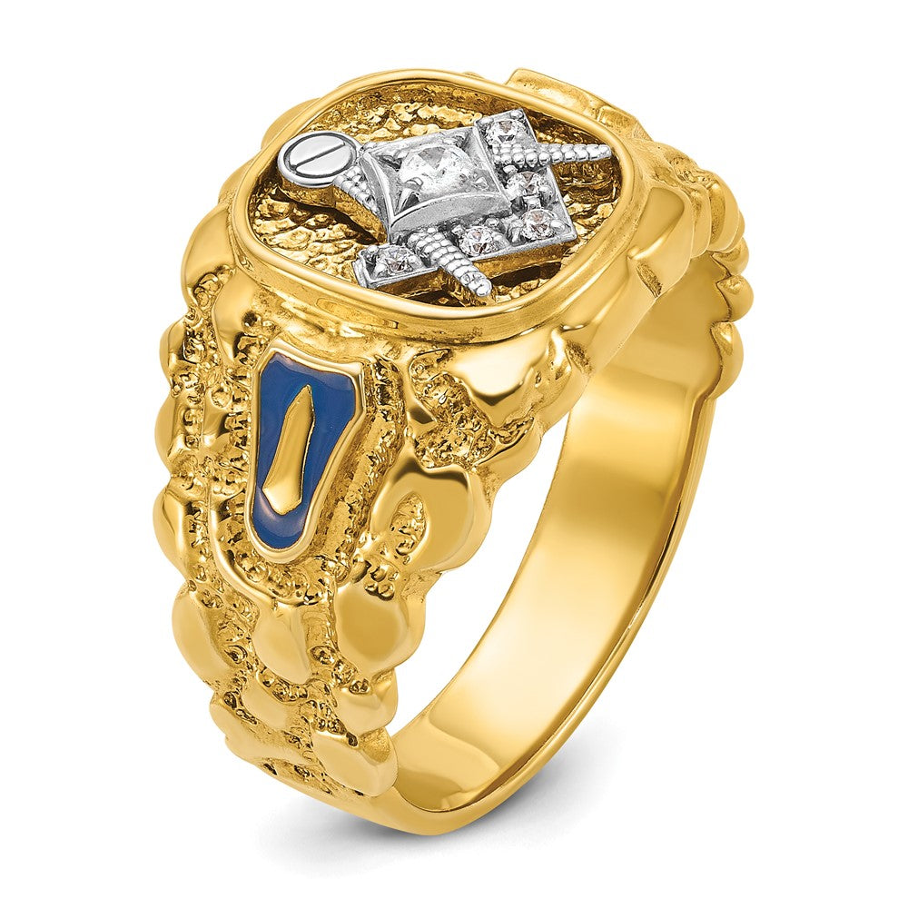 14K Bicolor-Gold Herren-Freimaurerring "Blue Lodge Master" mit poliertem und Nugget-strukturiertem Diamantbesatz