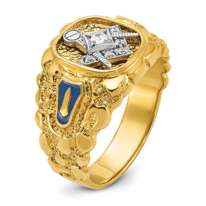 14K Bicolor-Gold Herren-Freimaurerring "Blue Lodge Master" mit poliertem und Nugget-strukturiertem Diamantbesatz