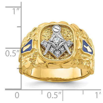 14K Bicolor-Gold Herren-Freimaurerring "Blue Lodge Master" mit poliertem und Nugget-strukturiertem Diamantbesatz