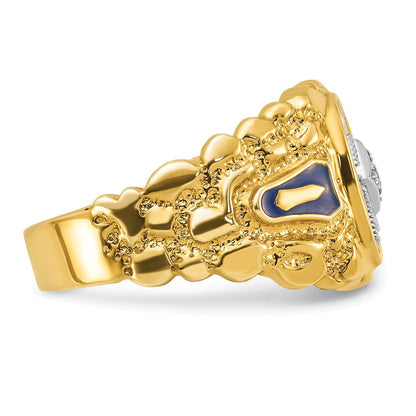 14K Bicolor-Gold Herren-Freimaurerring "Blue Lodge Master" mit poliertem und Nugget-strukturiertem Diamantbesatz