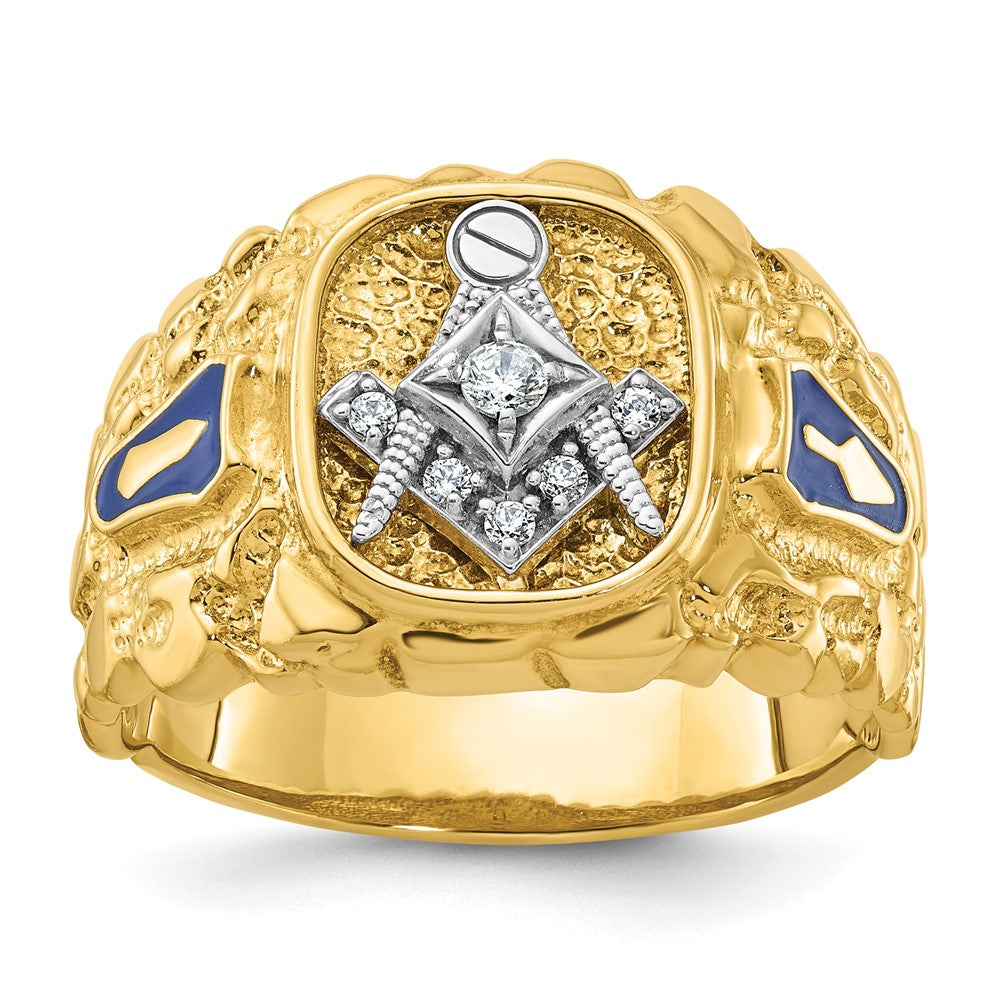 14K Bicolor-Gold Herren-Freimaurerring "Blue Lodge Master" mit poliertem und Nugget-strukturiertem Diamantbesatz