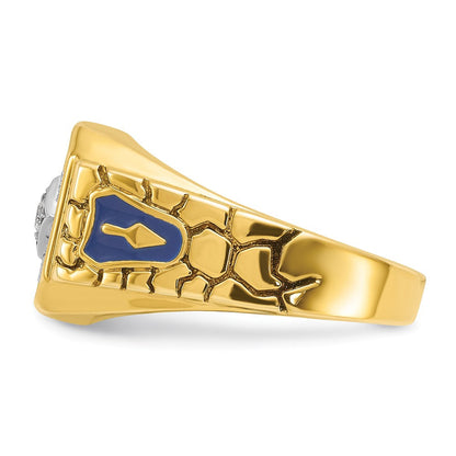 10K Bicolor Ibgoodman Herren Poliert und Strukturiert mit Blau Emaille Diamant Lodge Master Freimaurer Ring