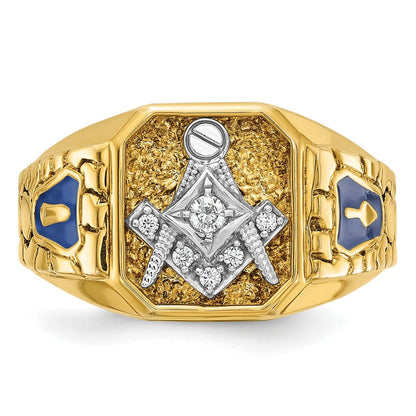 10K Bicolor Ibgoodman Herren Poliert und Strukturiert mit Blau Emaille Diamant Lodge Master Freimaurer Ring