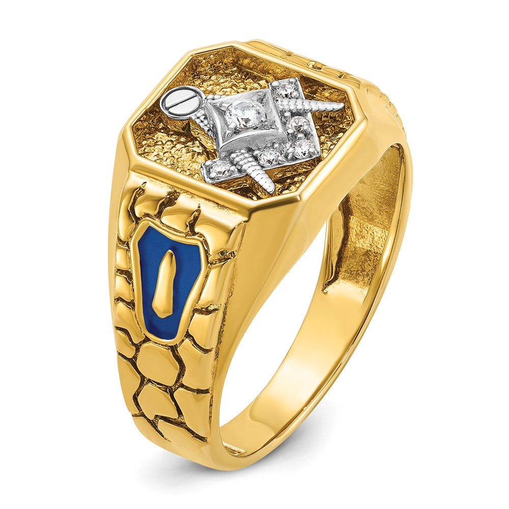 10K Bicolor Ibgoodman Herren Poliert und Strukturiert mit Blau Emaille Diamant Lodge Master Freimaurer Ring