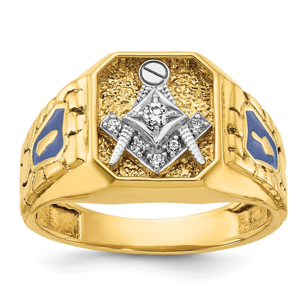 10K Bicolor Ibgoodman Herren Poliert und Strukturiert mit Blau Emaille Diamant Lodge Master Freimaurer Ring