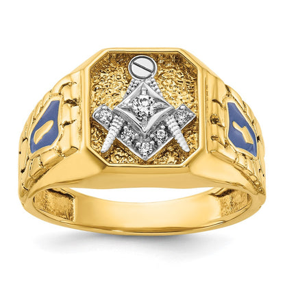 10K Bicolor Ibgoodman Herren Poliert und Strukturiert mit Blau Emaille Diamant Lodge Master Freimaurer Ring