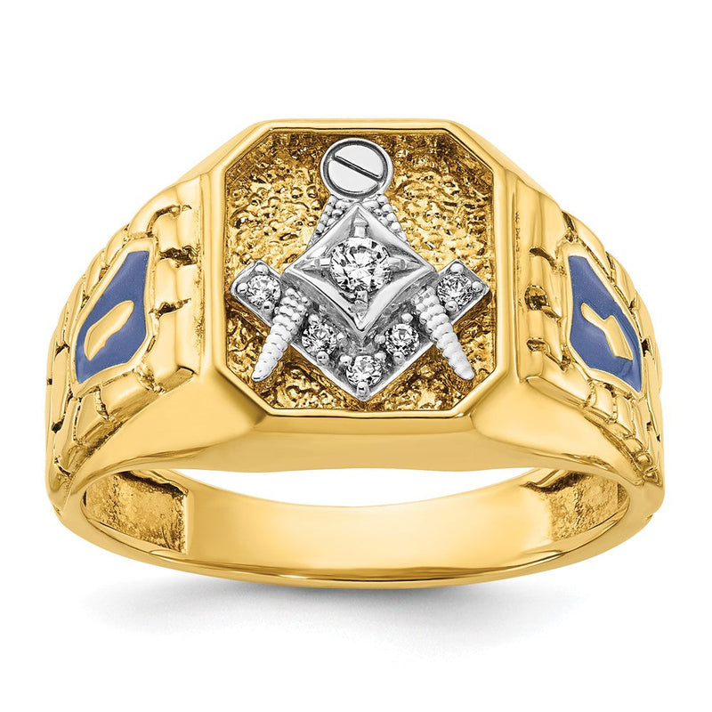 10K Bicolor Ibgoodman Herren Poliert und Strukturiert mit Blau Emaille Diamant Lodge Master Freimaurer Ring