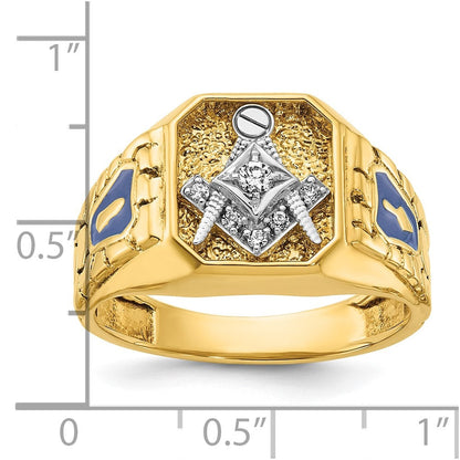 14K Bicolor-Herrenring, poliert und texturiert, mit blauem Emaille und Diamant, Blue Lodge Master Freimaurer-Ring